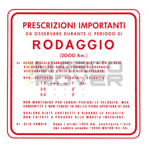 Adesivo Periodo di Rodaggio , Rosso , Per Piaggio Vespa 125 VNA , VNB , 150 VBA