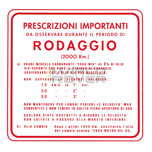Adesivo Periodo di Rodaggio , Rosso , Per Piaggio Vespa 125 VNA , VNB , 150 VBA
