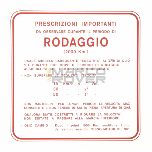 Adesivo Periodo di Rodaggio , Rosso , Per Piaggio Vespa 125 VNA , VNB , 150 VBA