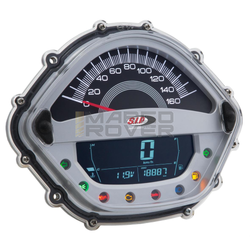 Contachilometri e contagiri SIP per Vespa 125-300cc GTS, GTS Super '14, 160Km/h-mph, 16.000rpm, fondo grigio, numeri bianchi