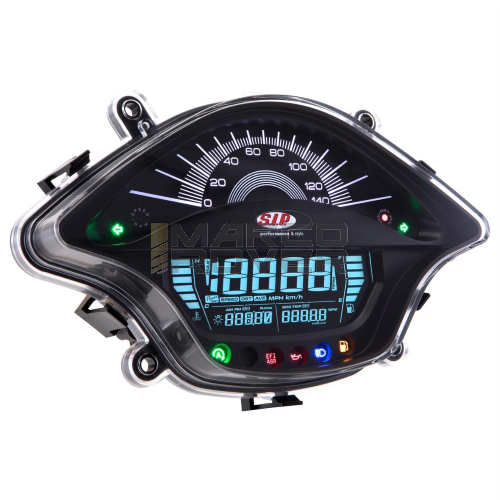 SIP odometer and tachometer for Vespa Primavera, Sprint 50-150ccm 2T/4T AC , 140Km/h-mph, 14,000rpm, black background, white numbers, black frame