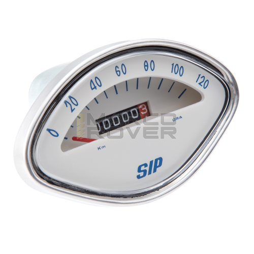 SIP Vespa VBA, VBB, Sprint, GT, GL, GS, 180 SS odometer - 120 km/h scale, white background, blue numbers