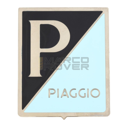 PIAGGIO logo for nose pad Vespa 125 VN2T, VNA, VNB, black/blue, aluminum, 36x47 mm, embossed lettering, to be glued on