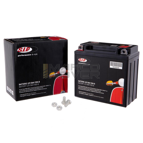 Batteria 12V / 9AH, SIP, YB9-B per Vespa PX80-200 E LUSSO-T5 / Cosa ELESTART / PX125-200 E '98 / My / '11, anche per VESPA PK50-125 S / PK50 SS / XL / N / PLURIMATICO / PK 125 ETS / N / XL / XL2, per PIAGGIO 50-200CC, 2/4 tempi, AC / LC, 135x75x140 mm 