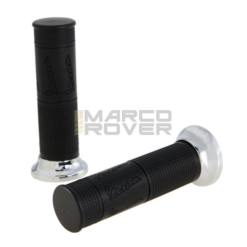 Coppia Manopole , Destra e Sinistra , Originali PIAGGIO , Colore Nero e Argento , Diametro Ø 22 / 24 mm , Lunghezza 120 mm per Piaggio Vespa LX , LXV , S , Primavera , Sprint 50 , 125 , 150